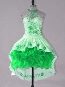 Colorful Green Satin and Organza Lace Up Halter Top Sleeveless High Low Evening Dress Embroidery and Ruffles