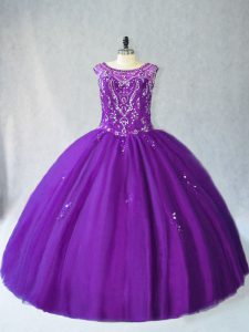  Purple Scoop Neckline Beading and Appliques Vestidos de Quinceanera Sleeveless Lace Up