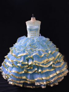  Ball Gowns Sweet 16 Dresses Blue Scoop Organza Sleeveless Floor Length Lace Up