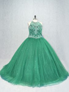  Green Tulle Lace Up Scoop Sleeveless Sweet 16 Dresses Brush Train Beading