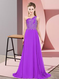 Superior Purple Empire Beading Prom Dress Side Zipper Chiffon Sleeveless Floor Length