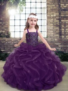 On Sale Purple Ball Gowns Beading and Ruffles Little Girls Pageant Gowns Lace Up Tulle Sleeveless Floor Length