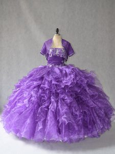 Flirting Purple Lace Up Strapless Beading and Ruffles Sweet 16 Quinceanera Dress Taffeta Sleeveless