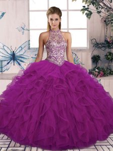  Beading and Ruffles 15th Birthday Dress Purple Lace Up Sleeveless Floor Length