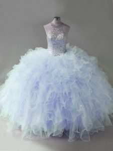  Lavender Ball Gowns Beading and Ruffles 15 Quinceanera Dress Lace Up Tulle Sleeveless Floor Length
