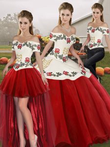 Dazzling Sleeveless Floor Length Embroidery Lace Up 15th Birthday Dress with White And Red 