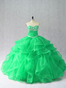  Organza Sweetheart Sleeveless Lace Up Beading and Ruffles Quinceanera Gown in Green