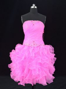 Dazzling Pink Organza Lace Up Strapless Sleeveless Prom Dresses Beading