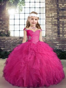 Charming Floor Length Ball Gowns Sleeveless Fuchsia Little Girls Pageant Dress Lace Up