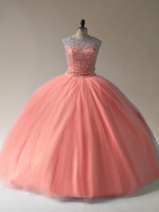 Superior Scoop Sleeveless Tulle Quince Ball Gowns Beading Lace Up