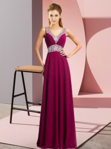 Great Floor Length Fuchsia Homecoming Dress V-neck Sleeveless Lace Up