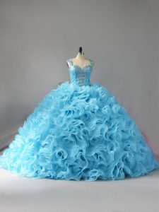 Fabulous Fabric With Rolling Flowers Straps Sleeveless Court Train Zipper Beading and Ruffles Quince Ball Gowns in Baby Blue