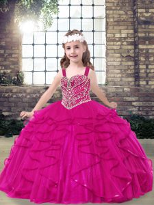 Customized Tulle Straps Sleeveless Lace Up Beading Kids Pageant Dress in Fuchsia
