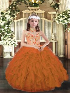 Elegant Orange Ball Gowns Strapless Sleeveless Tulle Floor Length Lace Up Appliques and Ruffles Pageant Gowns For Girls