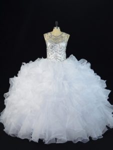  White Ball Gowns Organza Scoop Sleeveless Beading and Ruffles Floor Length Lace Up Sweet 16 Quinceanera Dress