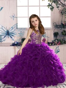  Eggplant Purple Scoop Lace Up Beading and Ruffles Little Girls Pageant Gowns Sleeveless