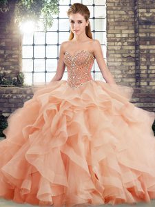  Peach Quinceanera Dress Military Ball and Sweet 16 and Quinceanera with Beading and Ruffles Sweetheart Sleeveless Brush Train Lace Up