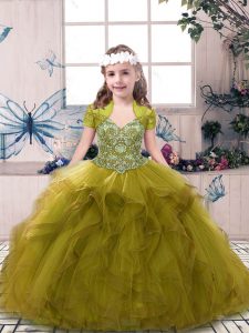  Tulle Straps Sleeveless Lace Up Beading and Ruffles Kids Formal Wear in Olive Green