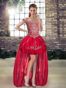 Glittering Red A-line Beading and Appliques Lace Up Tulle Sleeveless High Low