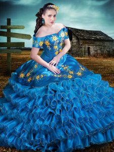 Colorful Blue Sweet 16 Dress Sweet 16 and Quinceanera with Embroidery and Ruffles Off The Shoulder Sleeveless Lace Up
