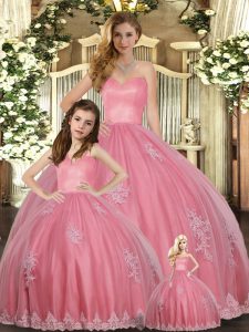 Exquisite Sweetheart Sleeveless Sweet 16 Quinceanera Dress Floor Length Appliques Watermelon Red Tulle