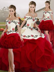 Attractive Floor Length White And Red 15th Birthday Dress Tulle Sleeveless Embroidery and Ruffles