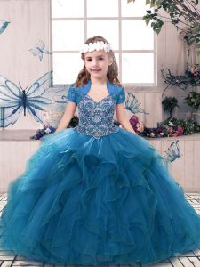  Straps Sleeveless Lace Up Girls Pageant Dresses Blue Tulle