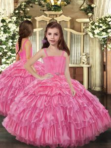  Ball Gowns Little Girls Pageant Gowns Rose Pink Straps Organza Sleeveless Floor Length Lace Up