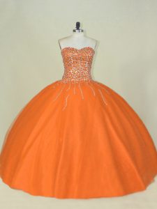  Orange Tulle Lace Up Vestidos de Quinceanera Sleeveless Floor Length Beading