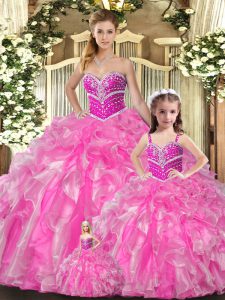 Elegant Rose Pink Quinceanera Gown Sweet 16 and Quinceanera with Beading and Ruffles Sweetheart Sleeveless Lace Up