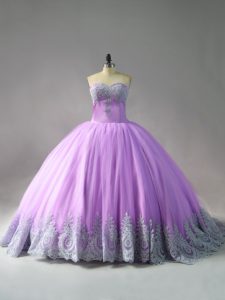 Attractive Sleeveless Court Train Appliques Lace Up Quinceanera Gown