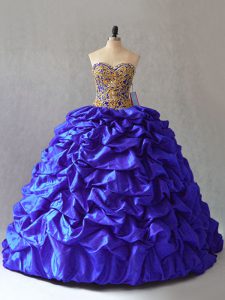  Beading and Pick Ups Ball Gown Prom Dress Royal Blue Lace Up Sleeveless Brush Train