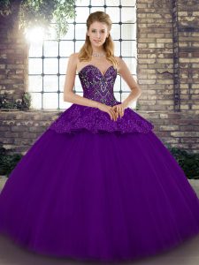  Purple Sleeveless Floor Length Beading and Appliques Lace Up Ball Gown Prom Dress