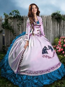 Amazing Sleeveless Floor Length Embroidery Lace Up Quince Ball Gowns with Blue And White