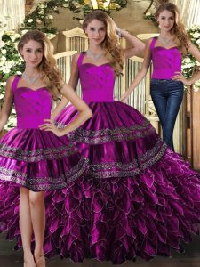  Sleeveless Floor Length Embroidery and Ruffles Lace Up Vestidos de Quinceanera with Fuchsia