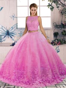  Sleeveless Lace Backless Quinceanera Gowns with Rose Pink Sweep Train