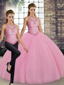  Scoop Sleeveless Lace Up Quince Ball Gowns Pink Tulle