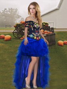 Low Price Tulle Off The Shoulder Sleeveless Lace Up Embroidery and Ruffles Evening Dress in Royal Blue