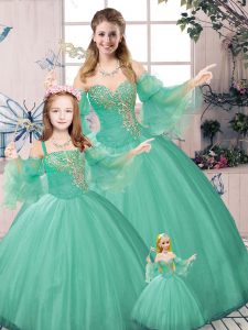Attractive Green Lace Up Sweetheart Beading and Ruching Quince Ball Gowns Tulle Long Sleeves
