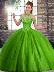 Fabulous Green Sleeveless Tulle Brush Train Lace Up Ball Gown Prom Dress for Military Ball and Sweet 16 and Quinceanera