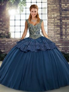  Sleeveless Floor Length Beading and Appliques Lace Up 15th Birthday Dress with Navy Blue