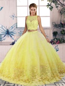 Fine Backless Vestidos de Quinceanera Yellow for Military Ball and Sweet 16 and Quinceanera with Lace Sweep Train