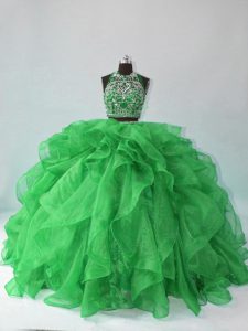 Hot Selling Sleeveless Organza Floor Length Backless Sweet 16 Dress in Green with Beading and Ruffles