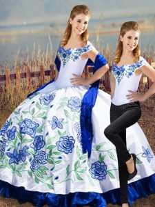  Two Pieces Sweet 16 Quinceanera Dress Blue And White Off The Shoulder Satin Sleeveless Floor Length Lace Up