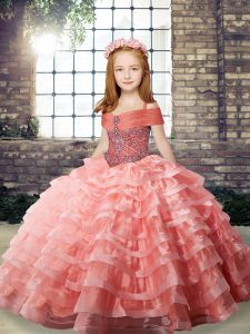 Popular Watermelon Red Sleeveless Beading and Ruffled Layers Lace Up Little Girls Pageant Dress Wholesale