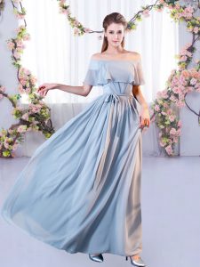 Empire Dama Dress for Quinceanera Grey Off The Shoulder Chiffon Short Sleeves Floor Length Lace Up