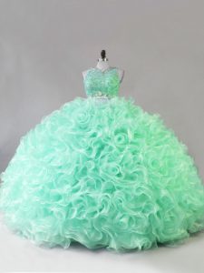 Trendy Sleeveless Fabric With Rolling Flowers Zipper 15 Quinceanera Dress in Apple Green with Beading and Ruffles