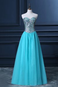 Discount A-line Prom Gown Aqua Blue Sweetheart Tulle Sleeveless Floor Length Zipper