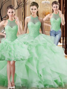 Admirable Apple Green Three Pieces Beading and Ruffles Ball Gown Prom Dress Lace Up Organza Sleeveless