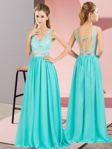  Aqua Blue Empire V-neck Sleeveless Chiffon Floor Length Backless Beading and Lace and Appliques Prom Party Dress